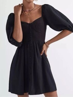 Anthropologie Maeve Black Puff-Sleeve Mini Dress L